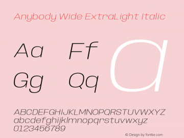 Anybody Wide ExtraLight Italic Version 1.000; ttfautohint (v1.8)图片样张