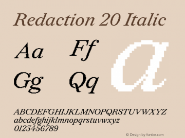 Redaction 20 Italic Version 2.001;hotconv 1.0.113;makeotfexe 2.5.65598 DEVELOPMENT Font Sample