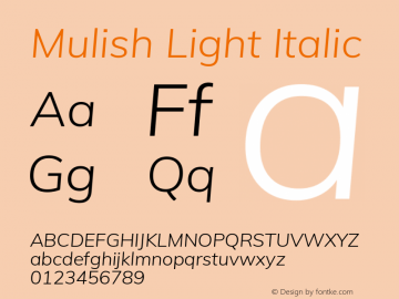 Mulish Light Italic Version 2.100; ttfautohint (v1.8.1.43-b0c9) Font Sample