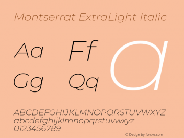 Montserrat ExtraLight Italic Version 7.200;PS 007.200;hotconv 1.0.88;makeotf.lib2.5.64775 Font Sample