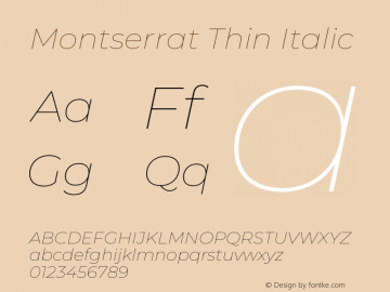 Montserrat Thin Italic Version 7.200;PS 007.200;hotconv 1.0.88;makeotf.lib2.5.64775 Font Sample