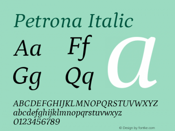 Petrona Italic Version 2.001; ttfautohint (v1.8.3) Font Sample