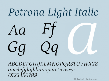 Petrona Light Italic Version 2.001; ttfautohint (v1.8.3) Font Sample