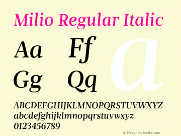 MilioRegularItalic Version 1.000;PS 001.001;hotconv 1.0.56 Font Sample