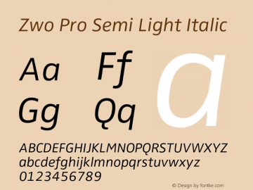 ZwoPro-SemiLightItalic Version 7.504 Font Sample