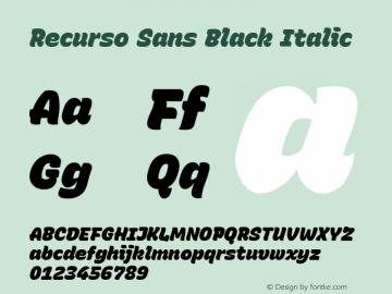 Recurso Sans Black Italic Version 1.005;October 20, 2020;FontCreator 13.0.0.2655 64-bit; ttfautohint (v1.8.3) Font Sample