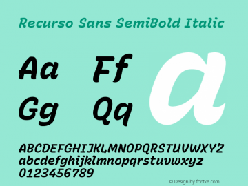 Recurso Sans SemiBold Italic Version 1.005;October 20, 2020;FontCreator 13.0.0.2655 64-bit; ttfautohint (v1.8.3) Font Sample
