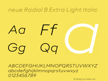 neue Radial B Extra Light Italic Version 1.000;hotconv 1.0.109;makeotfexe 2.5.65596 Font Sample