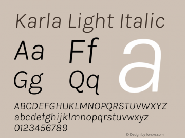 Karla Light Italic Version 2.002 Font Sample