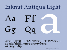 Inknut Antiqua Light Version 1.003; ttfautohint (v1.8.2) -l 8 -r 50 -G 200 -x 14 -D latn -f none -a qsq -W -X 
