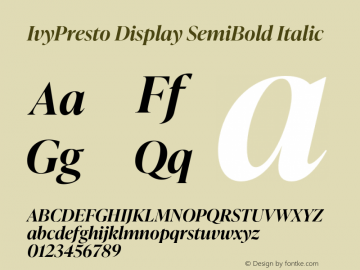 IvyPresto Display SemiBold Italic Version 1.001;hotconv 1.0.109;makeotfexe 2.5.65596 Font Sample