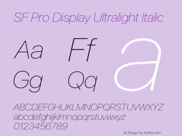 SF Pro Display Ultralight Italic Version 16.0d18e1图片样张
