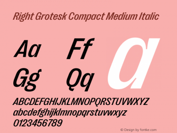 Right Grotesk Compact Medium Italic Version 2.500 Font Sample