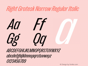 Right Grotesk Narrow Regular Italic Version 2.500 Font Sample