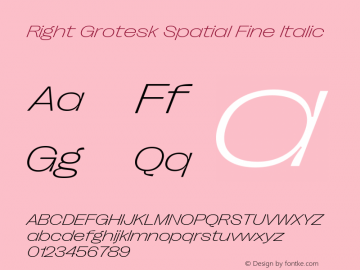 Right Grotesk Spatial Fine Italic Version 2.500 Font Sample