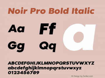 Noir Pro Bold Italic Version 1.000;PS 001.000;hotconv 1.0.70;makeotf.lib2.5.58329 Font Sample