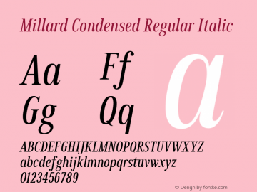 Millard-CondensedRegularItalic Version 1.001 Font Sample