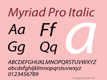 Myriad Pro Italic Version 2.102;PS 2.000;hotconv 1.0.67;makeotf.lib2.5.33168图片样张