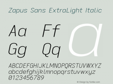 Zapus Sans ExtraLight Italic Version 1.00;October 14, 2020;FontCreator 13.0.0.2655 64-bit; ttfautohint (v1.8.3) Font Sample