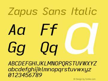 Zapus Sans Italic Version 1.00;October 14, 2020;FontCreator 13.0.0.2655 64-bit; ttfautohint (v1.8.3) Font Sample