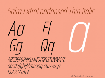 Saira ExtraCondensed Thin Italic Version 1.100 Font Sample
