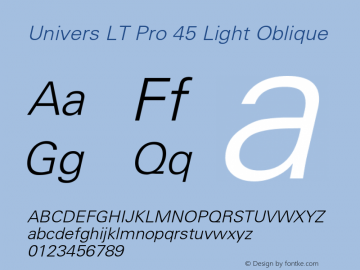 Univers LT Pro 45 Light Italic Version 1.00 Build 1000 Font Sample