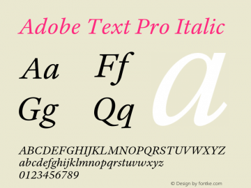 AdobeTextPro-It Version 1.054;PS 1.000;hotconv 1.0.68;makeotf.lib2.5.35818 Font Sample