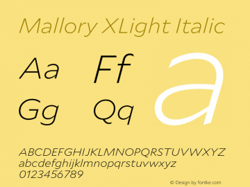 Mallory XLight Italic Version 2.000;PS 2.000;hotconv 16.6.51;makeotf.lib2.5.65220 Font Sample
