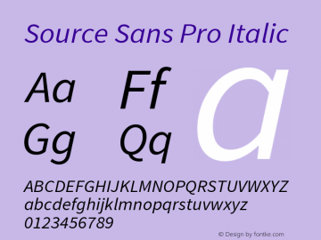Source Sans Pro Italic Version 1.040;PS 1.000;hotconv 1.0.70;makeotf.lib2.5.5900 Font Sample