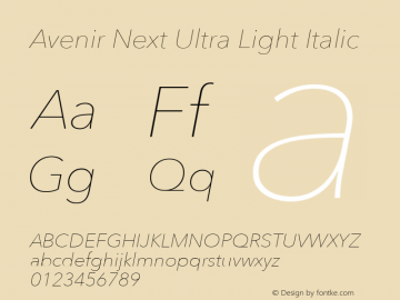 Avenir Next Ultra Light Italic 8.0d5e6 Font Sample