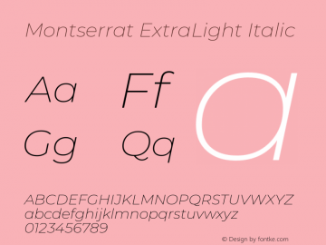 Montserrat ExtraLight Italic Version 7.200;PS 007.200;hotconv 1.0.88;makeotf.lib2.5.64775 Font Sample