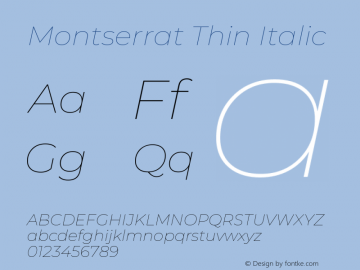 Montserrat Thin Italic Version 7.200;PS 007.200;hotconv 1.0.88;makeotf.lib2.5.64775 Font Sample