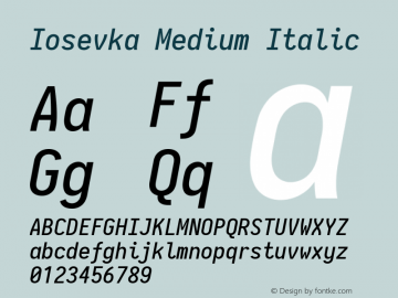 Iosevka Medium Italic 2.3.3; ttfautohint (v1.8.3) Font Sample