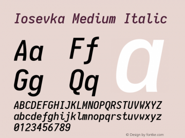 Iosevka Medium Italic 1.13.4; ttfautohint (v1.7.9-c794) Font Sample