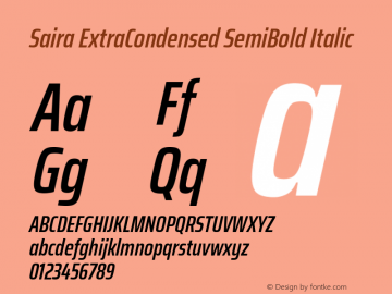 Saira ExtraCondensed SemiBold Italic Version 1.100; ttfautohint (v1.8.3) Font Sample