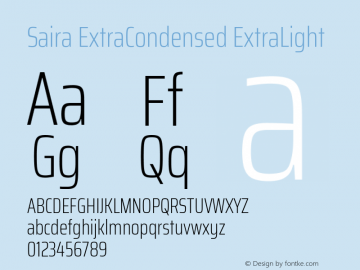 Saira ExtraCondensed ExtraLight Version 1.100; ttfautohint (v1.8.3) Font Sample