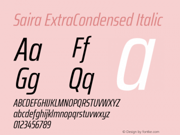 Saira ExtraCondensed Italic Version 1.100; ttfautohint (v1.8.3) Font Sample