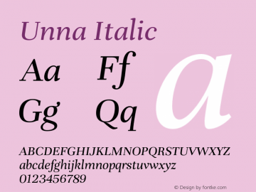 Unna Italic Version 2.008;hotconv 1.0.109;makeotfexe 2.5.65596 Font Sample