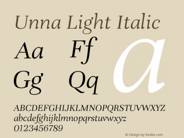 Unna Light Italic Version 2.008;hotconv 1.0.109;makeotfexe 2.5.65596 Font Sample