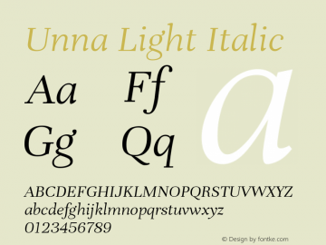 Unna Light Italic Version 2.008 Font Sample