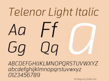 Telenor Light Italic Regular Version 1.000;PS 001.000;hotconv 1.0.70;makeotf.lib2.5.58329 DEVELOPMENT Font Sample