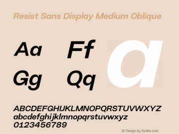Resist Sans Display Medium Oblique Version 2.000;hotconv 1.0.109;makeotfexe 2.5.65596 Font Sample