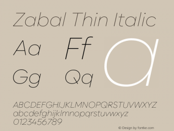 Zabal-ThinItalic Version 1.000 Font Sample