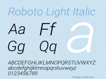 Roboto Light Italic Version 3.004; 2020 Font Sample