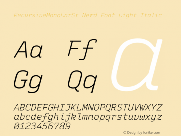 Recursive Mn Lnr St Lt Italic Nerd Font Complete Version 1.066;hotconv 1.0.115;makeotfexe 2.5.65600; ttfautohint (v1.8.3) Font Sample