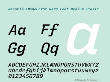 Recursive Mn Lnr St Med Italic Nerd Font Complete Version 1.066;hotconv 1.0.115;makeotfexe 2.5.65600; ttfautohint (v1.8.3) Font Sample