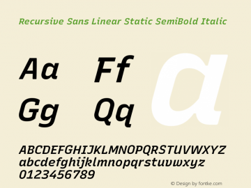 Recursive Sn Lnr St SmB Italic Version 1.066;hotconv 1.0.115;makeotfexe 2.5.65600; ttfautohint (v1.8.3)图片样张