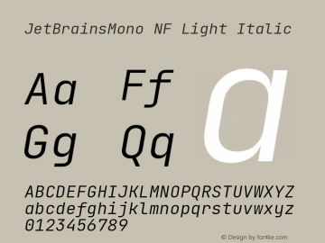 JetBrains Mono Light Italic Nerd Font Complete Mono Windows Compatible Version 2.225; ttfautohint (v1.8.3)图片样张