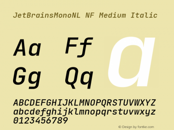 JetBrains Mono NL Medium Italic Nerd Font Complete Mono Windows Compatible Version 2.225; ttfautohint (v1.8.3)图片样张
