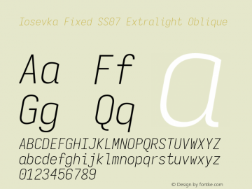 Iosevka Fixed SS07 Extralight Oblique Version 5.0.8 Font Sample
